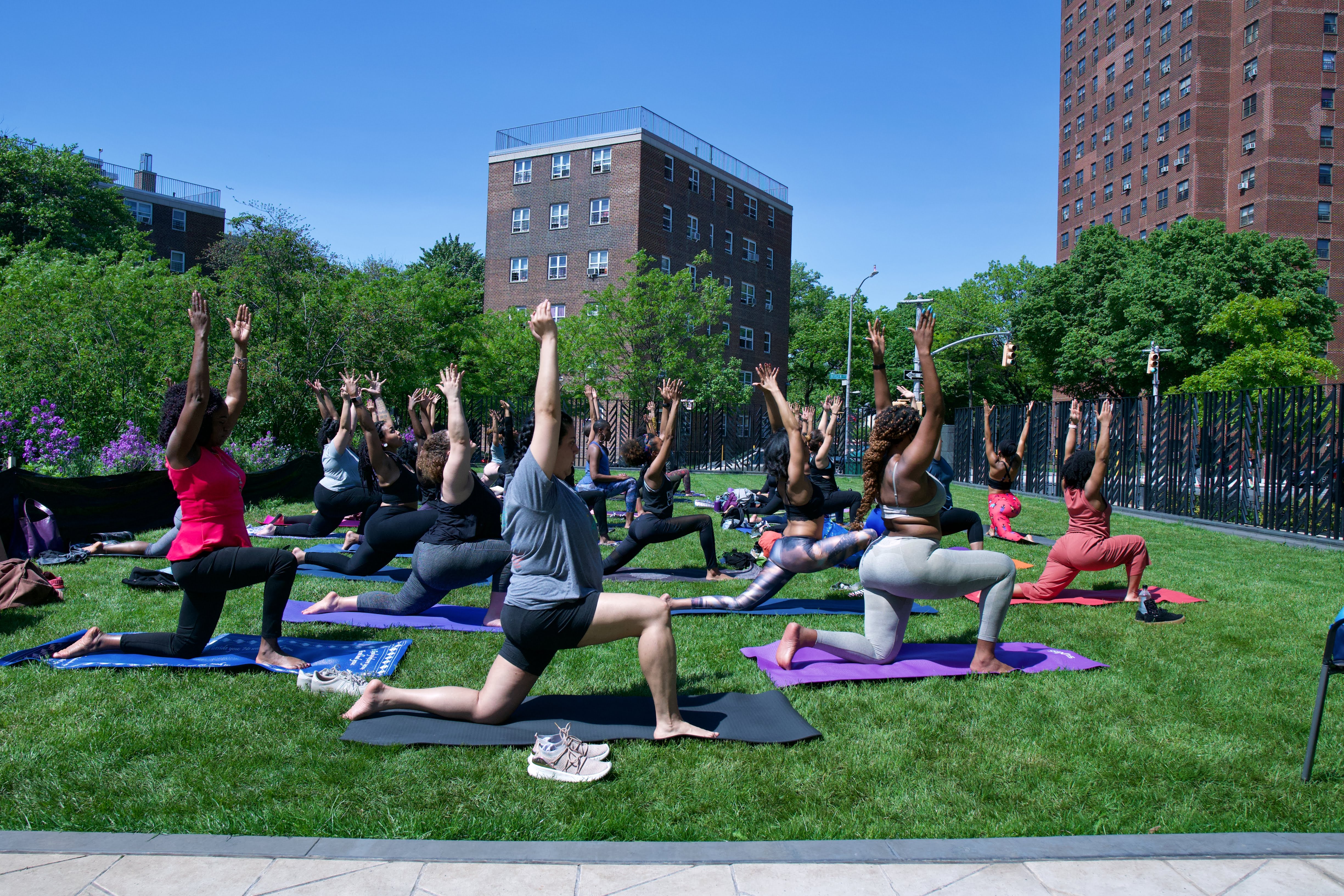 Women doing yoga outdoors. 