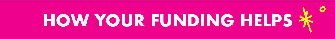 "How Your Funding Helps" Header [white text on pink background with yellow doodles]