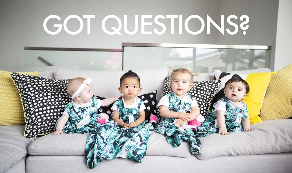 got questions? featuring 4 babies dressed in milimili sleep sacks