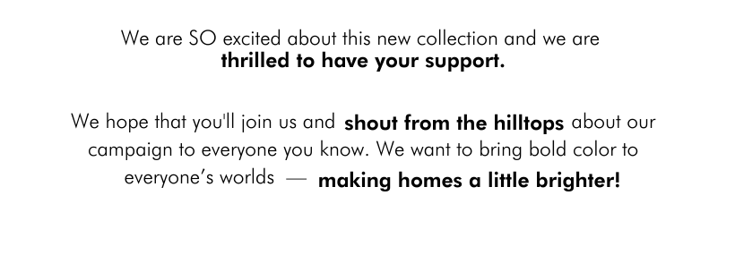 we are thrilled to have your support - We hope that you'll join us and shout from       the hilltops about our campaign to everyone you know. We want to bring bold color to everyone’s worlds  —      making homes a little brighter!