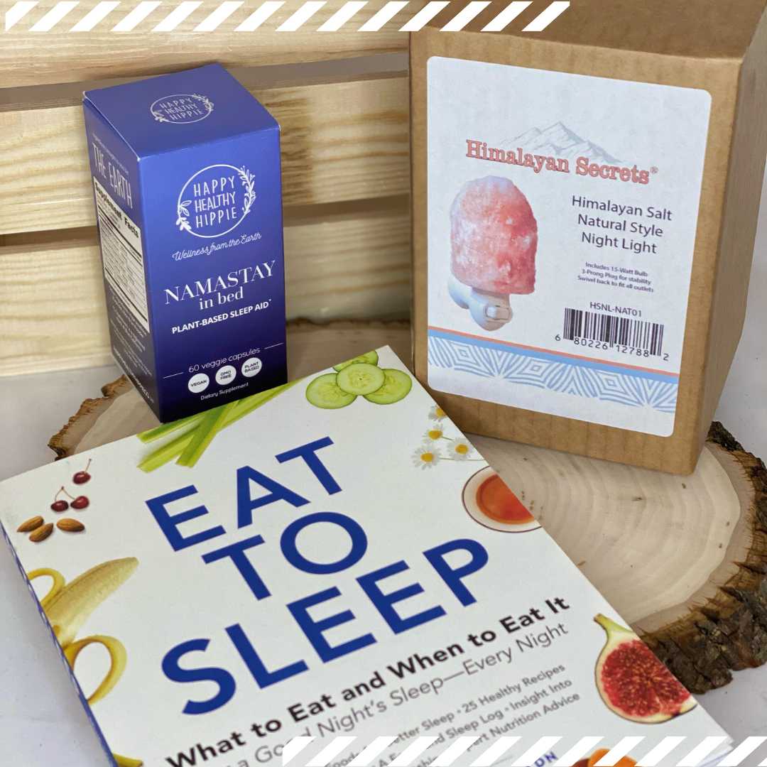 Sleep hygiene care package with plant based sleep aid, himalayan salt night light and Eat to Sleep book