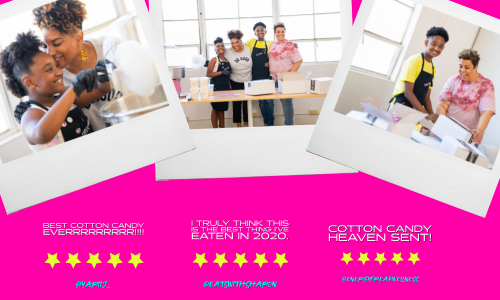 Three poloroid pictures on a hot pink background. left to right: young girl spinning cotton candy with her mom, family of two moms with their kids, one a teenage boy and the other a younger girl, picture of young teenage boy with autism working with his mom.