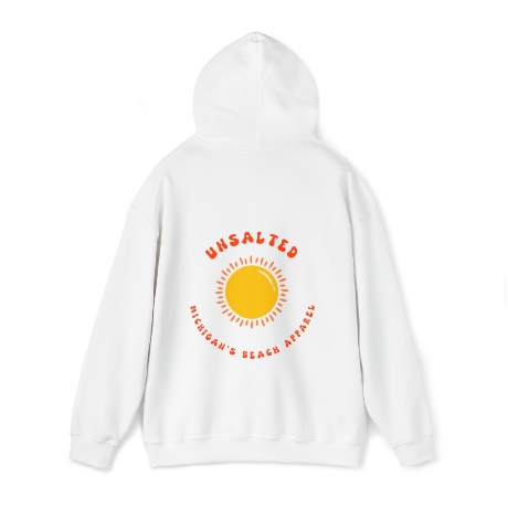 A white hoodie with a logo on itDescription automatically generated