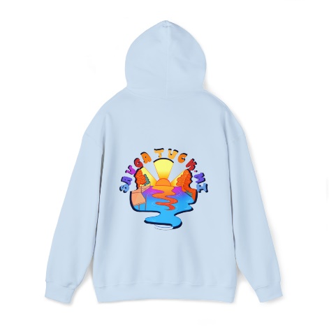 A blue hoodie with a logo on itDescription automatically generated