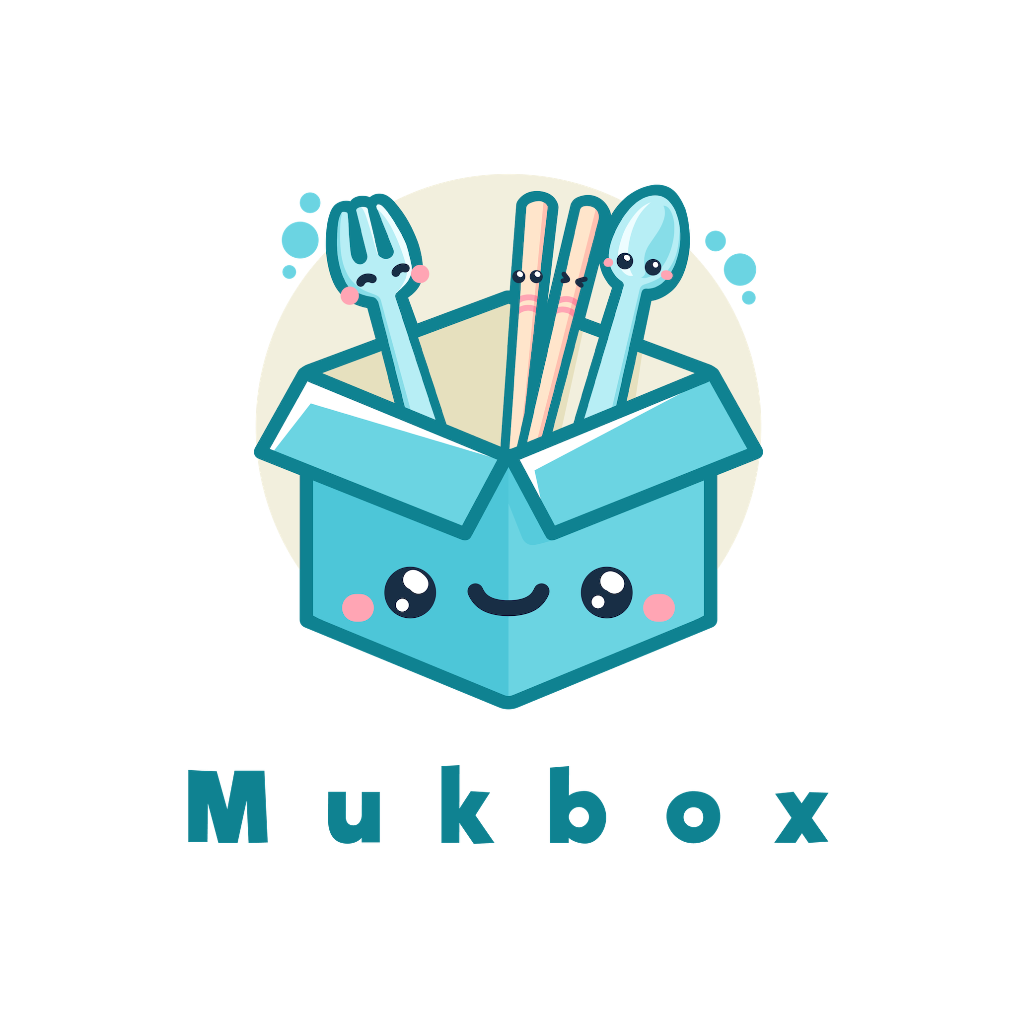 Mukbox logo, smiling blue box with smiling utensils inside.