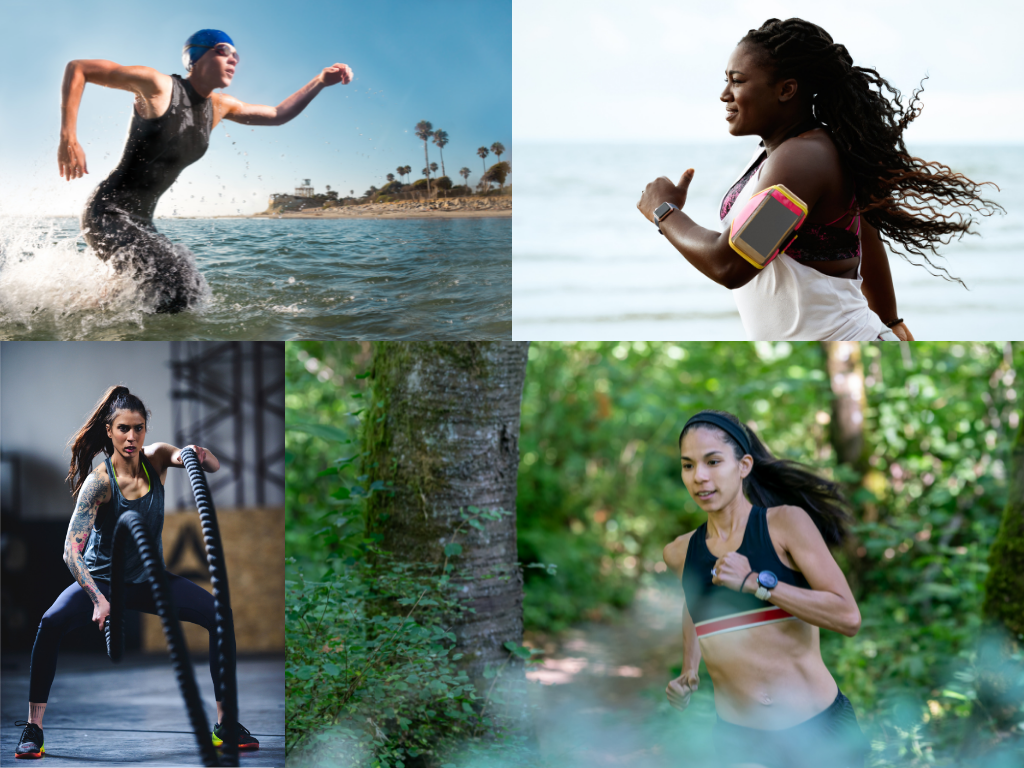 Female athletes running, swimming and cross-training in a gym.