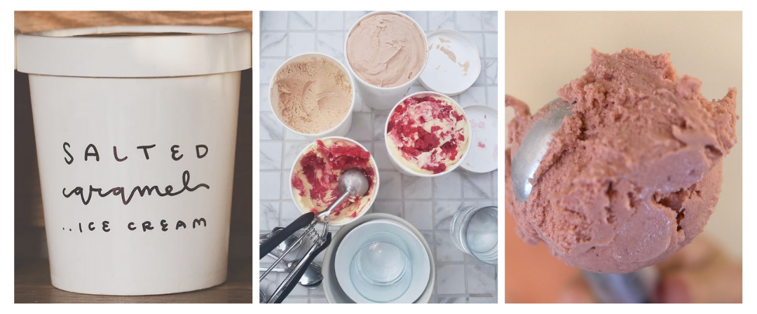 Three blocks of photos - far left shows a close-up of a white pint container with the words "Salted Caramel ice cream" on the front; the middle photo shows a birds-eye view of pint containers open next to bowls and an ice cream scoop; the right photo shows a close-up of a silver ice cream scoop holding a scoop of dark pink Santa Rosa Plum ice cream.