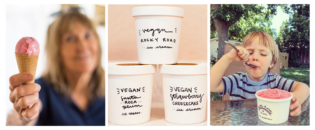 3 photo blocks - Left: Blurry photo of woman holding a cone, in focus, with pink Santa Rosa Plum ice cream; Middle: photo of three white, vegan pint containers stacked, two on the bottom and one on top, with a light pink background; Right: a young boy with long blond hair sits on a patio table, trees in the background, eating out of a half pint container, with a silver spoon.