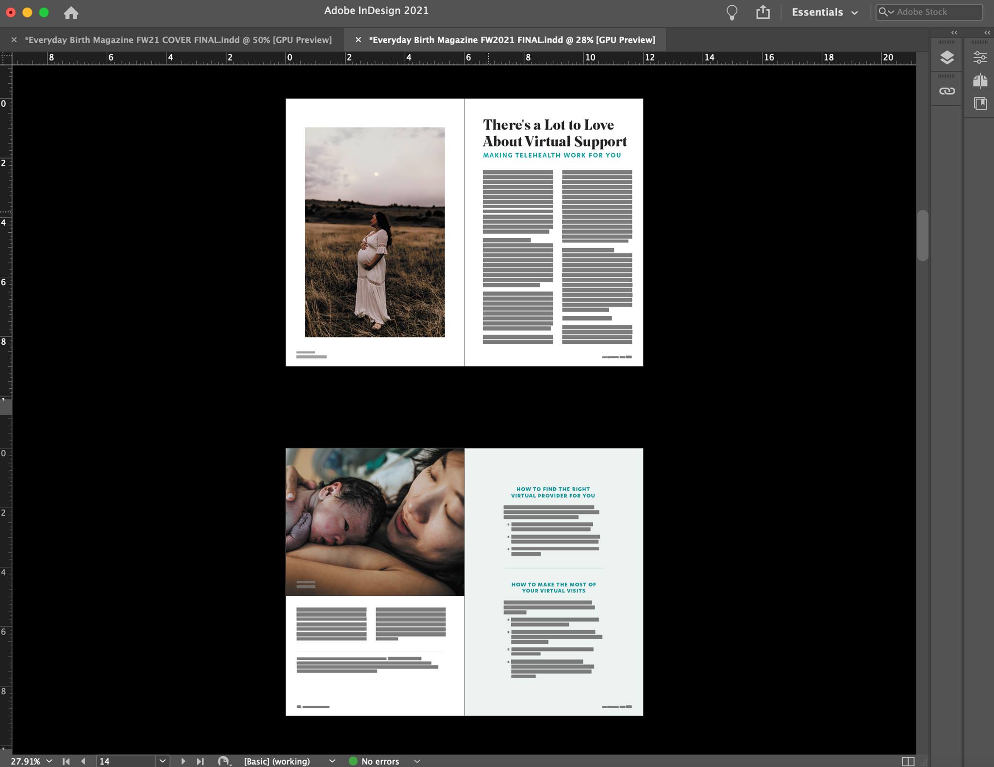 A BTS image of two spreads of the magazine laid out in InDesign.