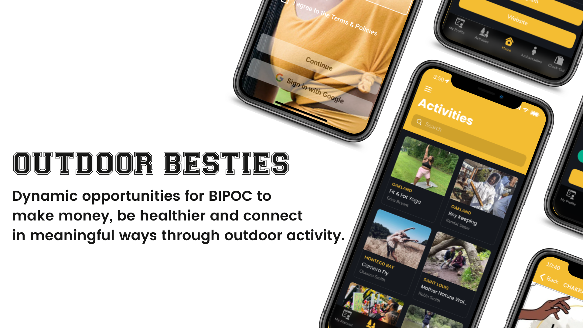 multiple images of cell phones showing various features of the Outdoor Besties App