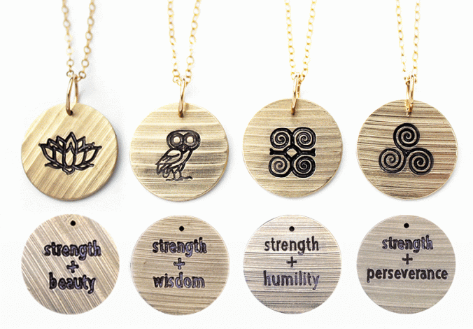 Cymbal of Strength pendants, front and back