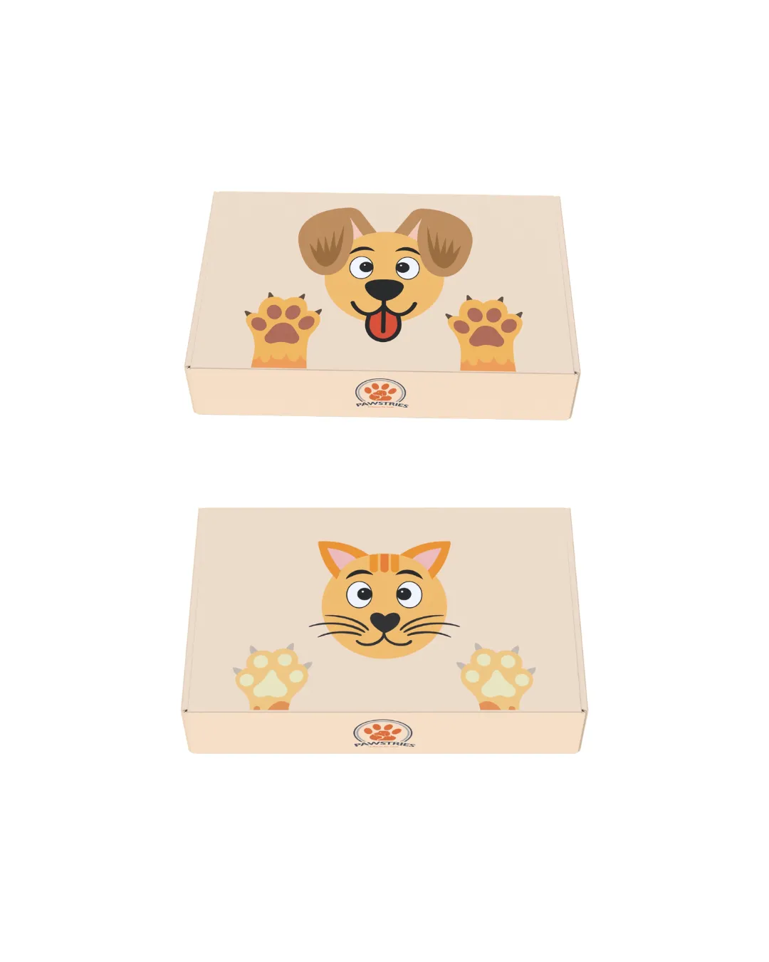 Mailer boxes with dog and cat faces printed on top of each box