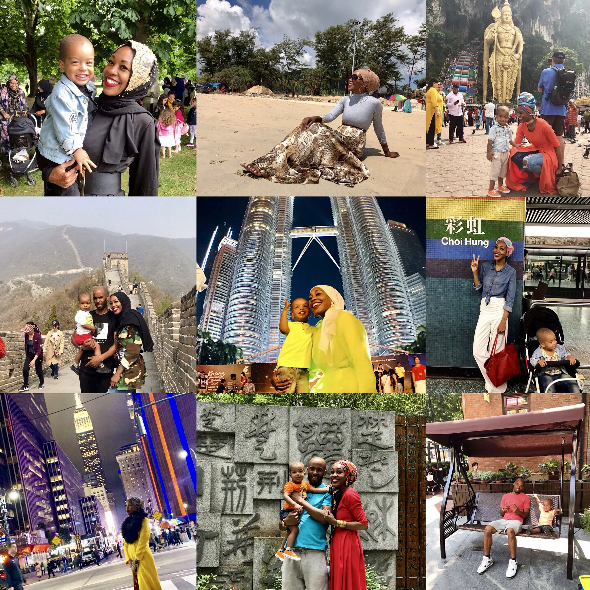 Photos of the found and her family at several destinations.