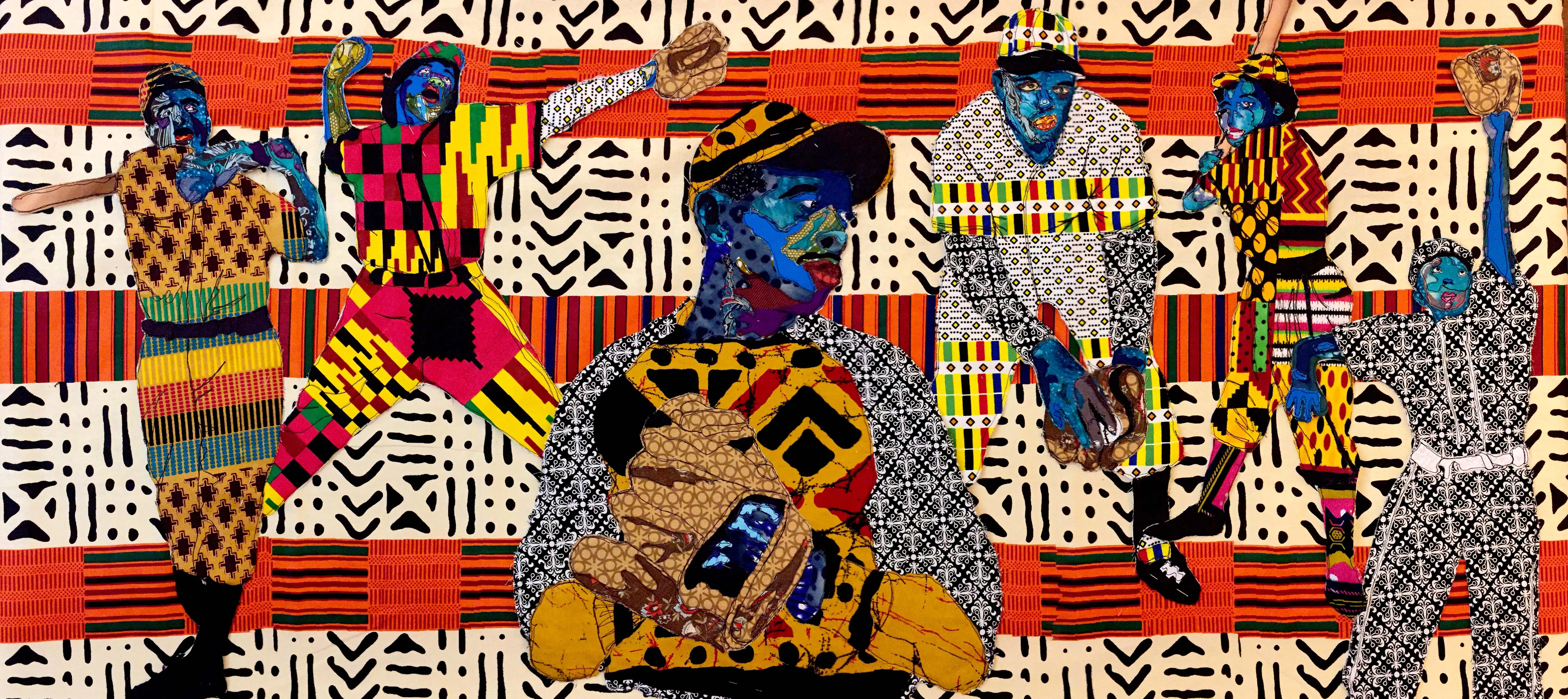"The Men and Women of the Negro Leagues" fabric portrait of six black baseball players. Kente prints, batik, and vintage fabrics collaged to create fabric portraits