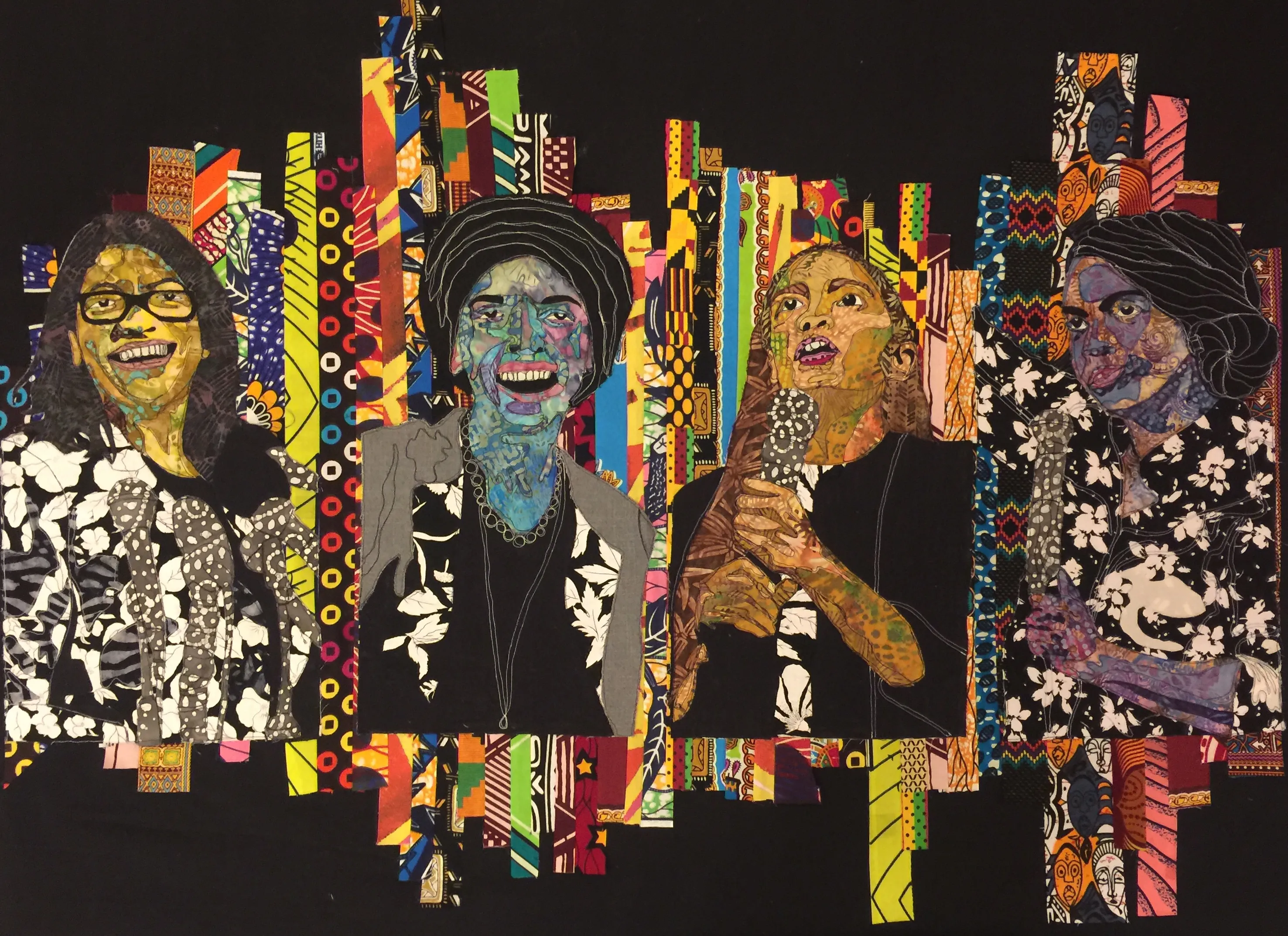 Fabric portrait of Rashida Tlaib, Ilhan Omar, Alexandria Ocasio-Cortez, and Ayanna Pressley, the four original members of the 2018 US House of Representatives "Squad"