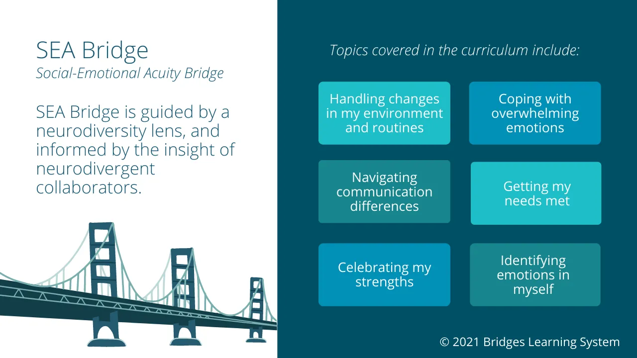 Navy background with illustration of a bridge. Text reads, "SEA Bridge (Social-Emotional Acuity Bridge): SEA Bridge is guided by a neurodiversity lens, and informed by the insight of neurodivergent collaborators. Topics covered in the curriculum include: Handling changes in my environment and routines, coping with overwhelming emotions, navigating communication differences, getting my needs met, celebrating my strengths, and identifying emotions in myself."