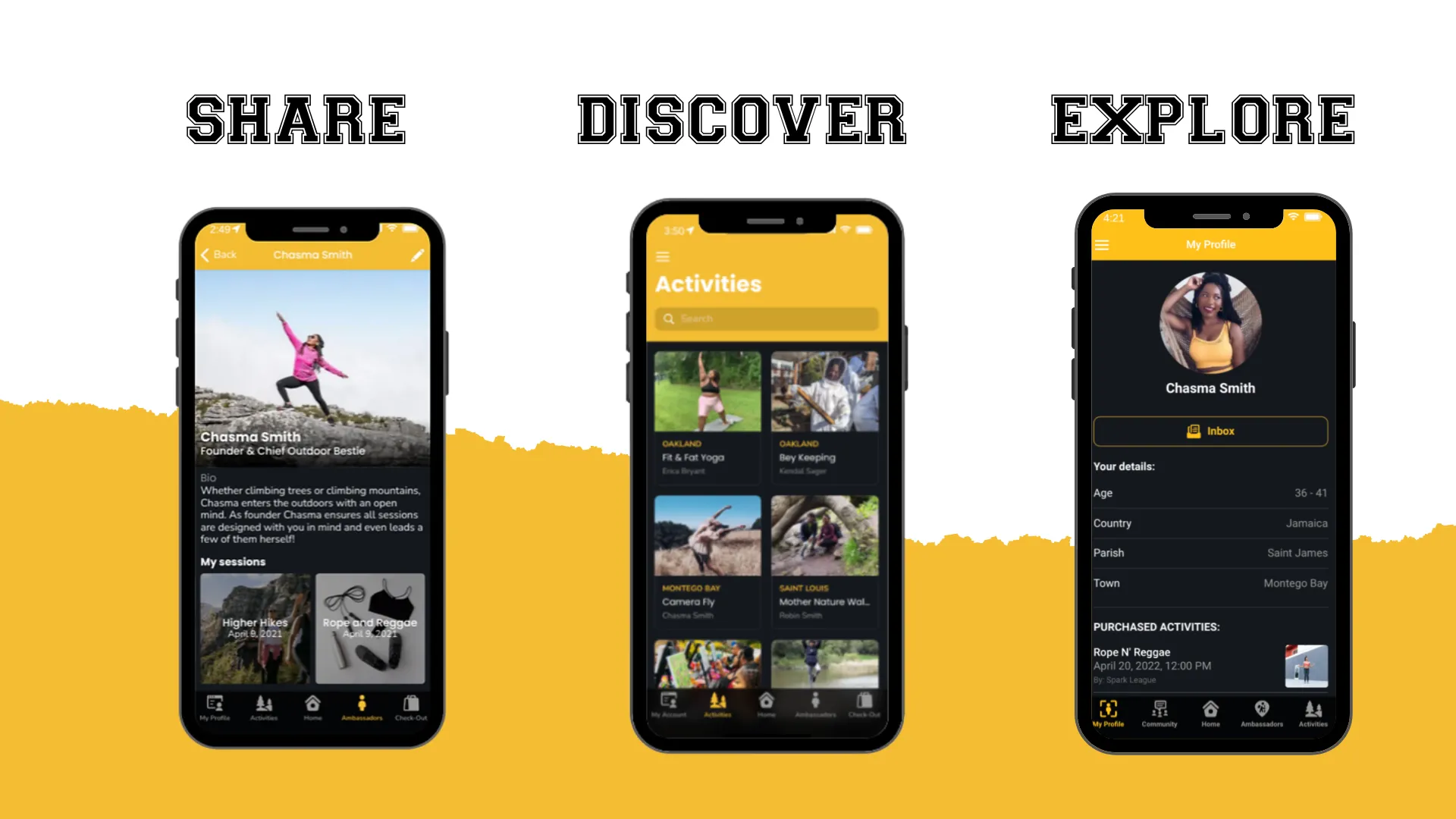 3 cell phone screens depicting how Outdoor Besties app works