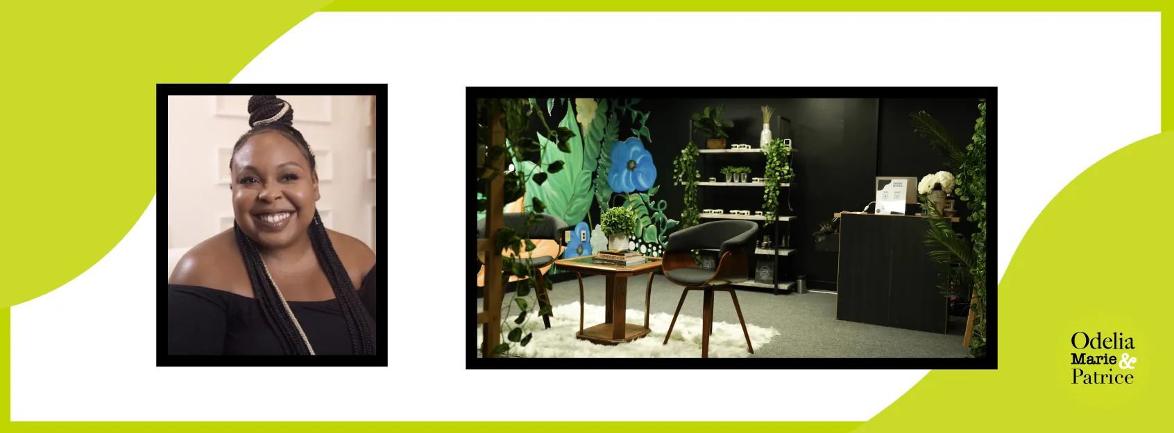 A photo of the founder, Dr. Candace Parrish, and a photo of the OMandP shop.