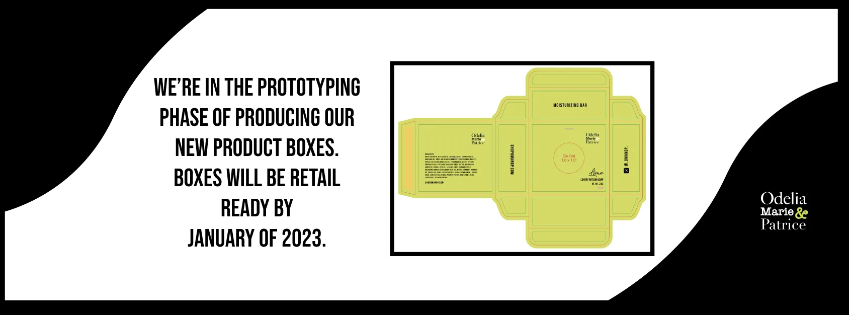 Graphic image of the prototyping phase of OMandP's new product boxes. 