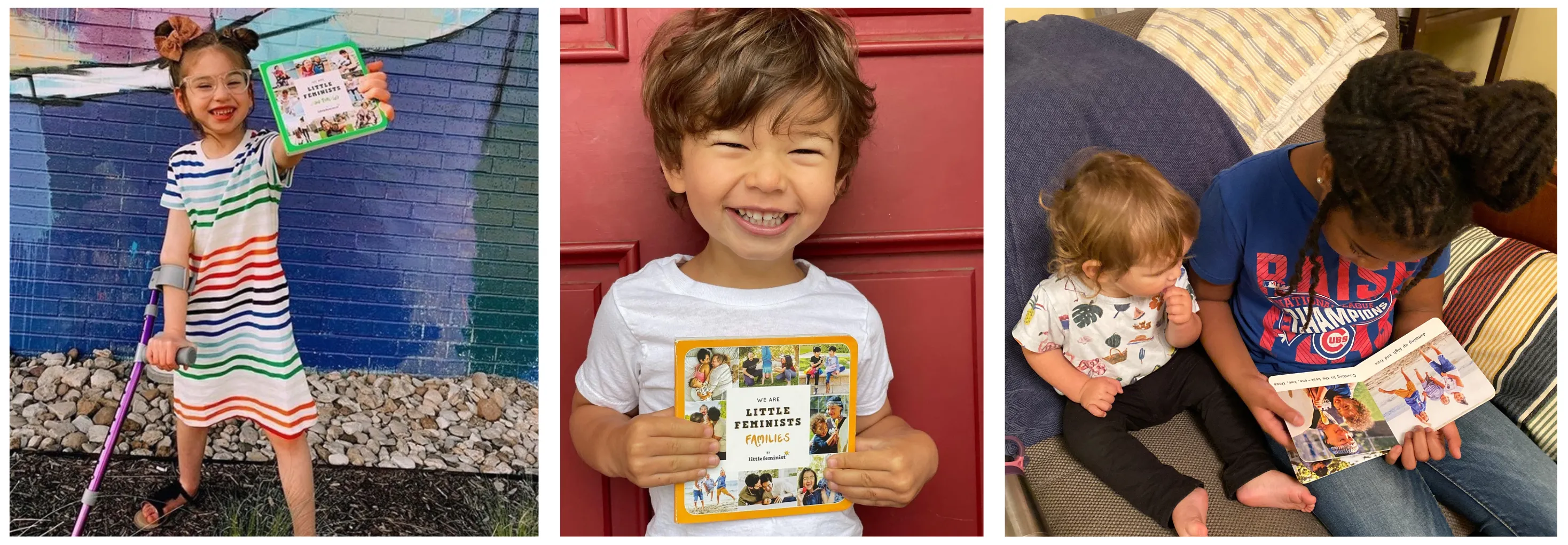 Photos of kids with Little Feminist books